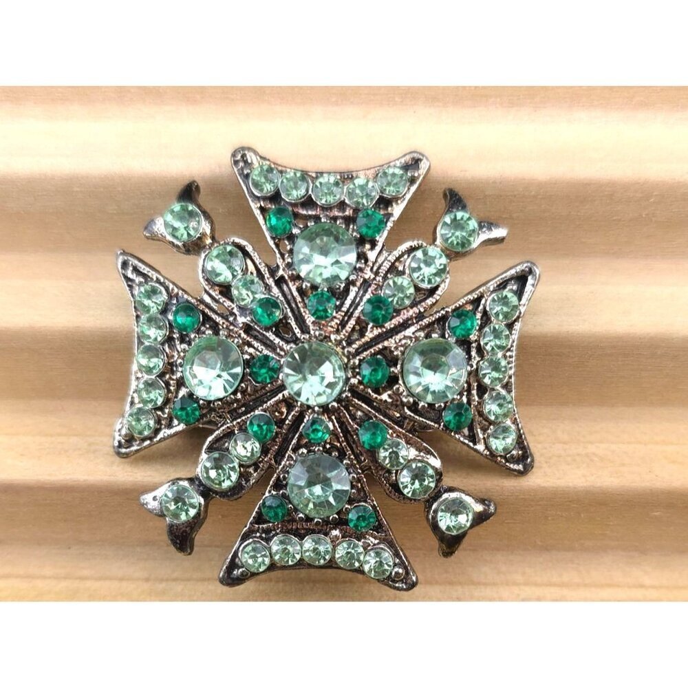 Vintage Green Rhinestone Cross Brooch Pin Statement READ